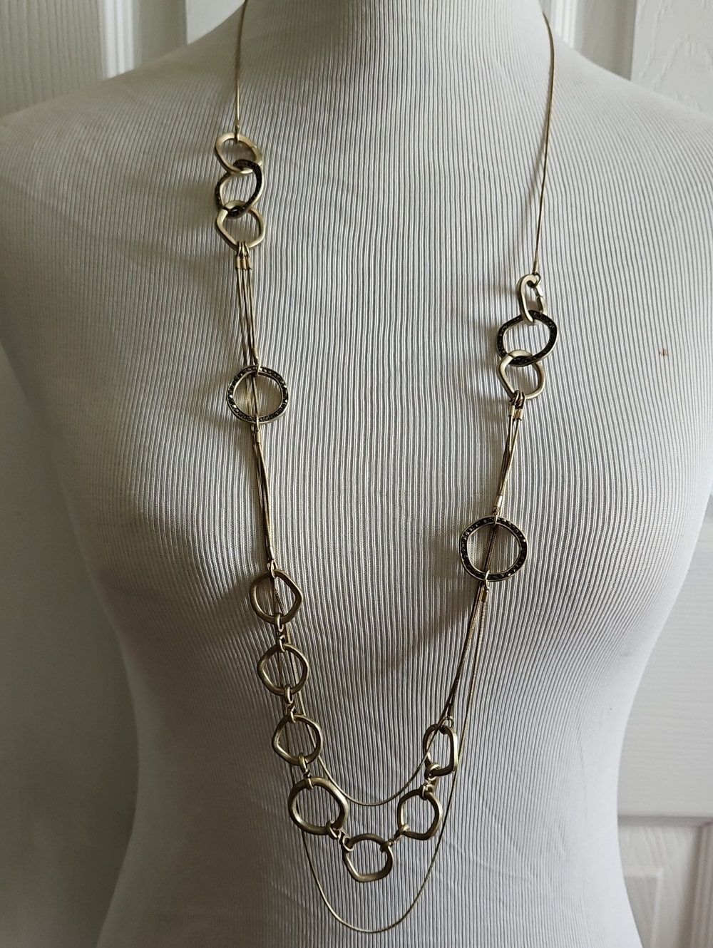Antique Gold Tone And Black Gemstone Multi-Link Long Necklace